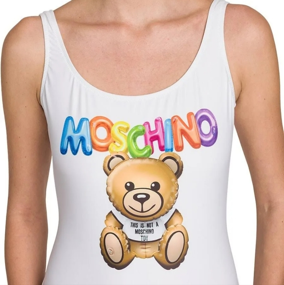 Moschino Multi-color Inflatable Bear Logo One-Piece in Fantasy Print White NWT - Picture 3 of 5
